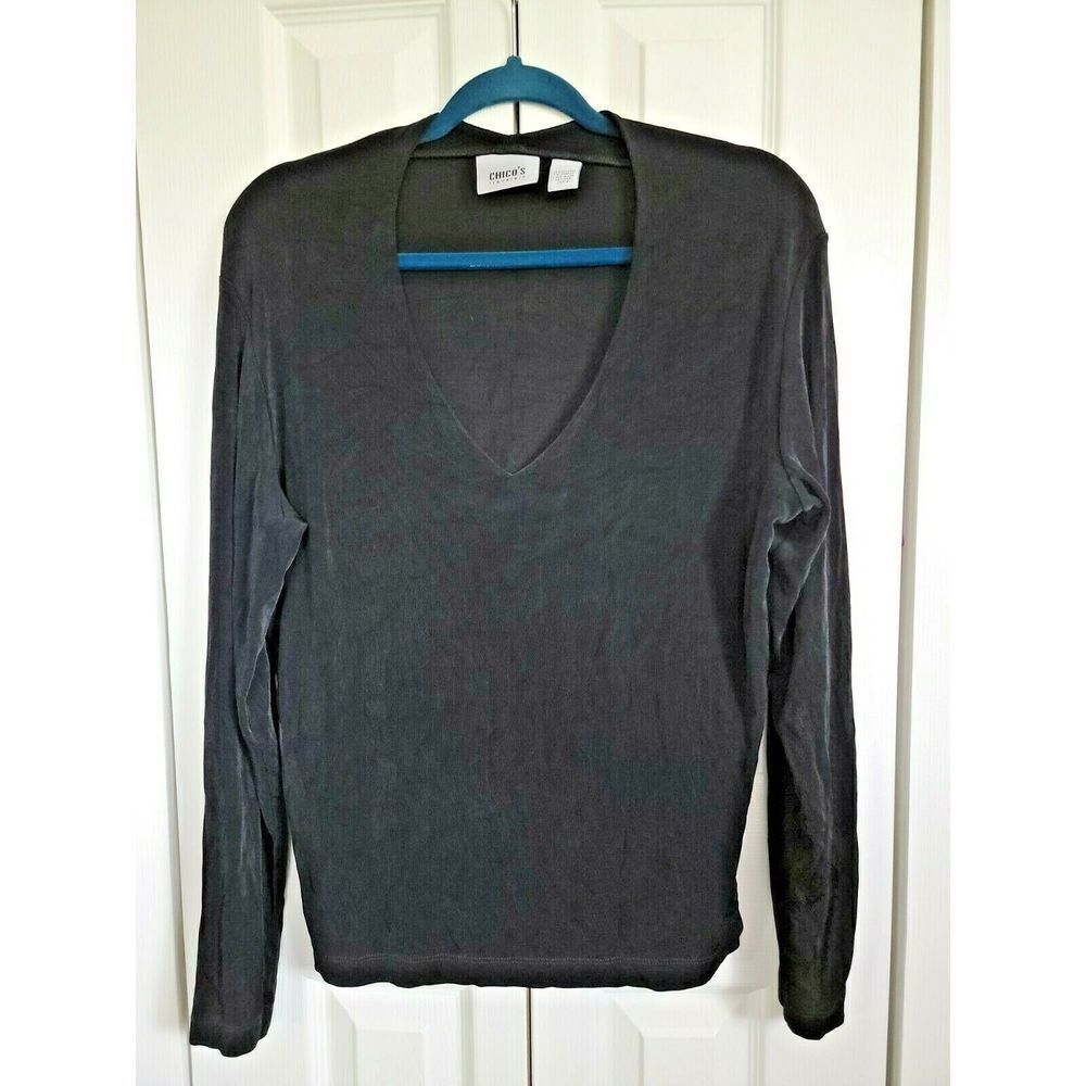Chico's Travelers 3 Blouse Women's Size 3 Black Stretch V-Neck Long Sleeve Shirt